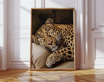 Sleeping Leopard Wall Art Print Home Decor Cheetah Print Neutral Poster Cheetah Art Modern Poster Bedroom Wall Art  Digital Animal Artwork