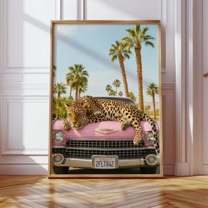 Retro Pink Car Leopard Wall Art Pink Girly Palm Springs Poster Cheetah Home Decor Maximalist Cheetah Car Print Trendy Wall Art Dorm Decor