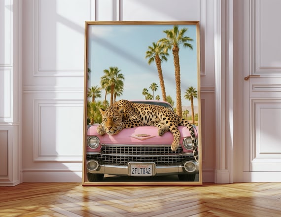 Retro Pink Car Leopard Wall Art Pink Girly Palm Springs Poster Cheetah Home Decor Maximalist Cheetah Car Print Trendy Wall Art Dorm Decor