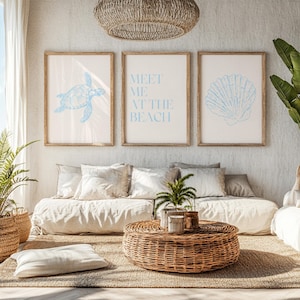 Coastal Print Set Of 3 Meet Me At The Beach Blue Coastal Print Trendy Coastal Aesthetic Beach Prints Seashell Wall Art Digital Download