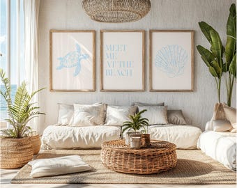 Coastal Print Set Of 3 Meet Me At The Beach Blue Coastal Print Trendy Coastal Aesthetic Beach Prints Seashell Wall Art Digital Download