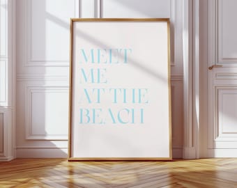 Typography Meet Me At The Beach Blue Coastal Print Trendy Coastal Aesthetic Beach Print Seashell Wall Art Digital Download Beach House Decor