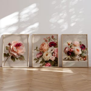 Set of 3 Floral Wall Art Prints, Peony Rose Vase Botanical Posters, Vintage Watercolor Flower Printables for Bedroom or Living Room Decor