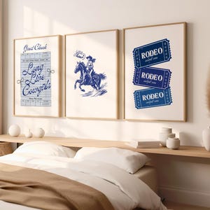 Navy Long Live Cowgirl Guest Check Print Rodeo Ticket Wall Art Set Of 3 Print Trendy Western Cowgirl Preppy Girly Prints College Dorm Decor