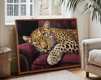 Sleeping Leopard Wall Art Horizontal Print Home Decor Cheetah Print Jungle Poster Maximalist Cheetah Animal Artwork Modern Bedroom  Poster