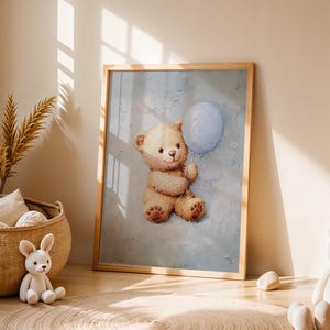 Teddy Bear With Balloon Nursery Print Beige Bear Nursery Decor Baby Blue Nursery Print Kids Room Decor Baby Boy Boho Digital Nursery Art