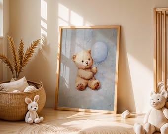 May include: A framed illustration of a brown teddy bear holding a light blue balloon. The bear is sitting on a light blue background with a light blue sky in the background.
