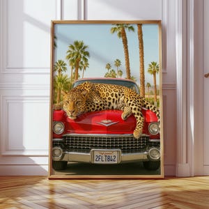Retro Red Car Leopard Wall Art Girly Palm Springs Poster Cheetah Home Decor Maximalist Cheetah Car Print Trendy Funky Leopard  Summer Poster