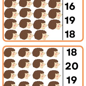 Op de afbeelding: Een werkblad met twee rijen bruine egels. Elke rij heeft 18 egels. De getallen 17, 16, 19, 18, 18, 20, 19 en 17 staan rechts van de egels.