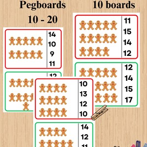 May include: A colorful educational printable featuring gingerbread man pegboards for numbers 10-20. The image includes multiple boards with gingerbread man graphics and corresponding numbers, ideal for teaching counting and number recognition.