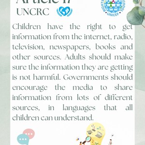 Puede incluir: Artículo 17 de la Convención sobre los Derechos del Niño (CDN), que establece que los niños tienen derecho a acceder a la información de diversas fuentes, como Internet, la radio, la televisión, los periódicos, los libros y otras fuentes. Los adultos deben asegurarse de que la información no sea dañina, y los gobiernos deben alentar a los medios a compartir información en diferentes idiomas que todos los niños puedan entender. La imagen muestra una bombilla con varios símbolos que representan diferentes tipos de información, como un libro, una computadora, una nota musical y un globo de diálogo.