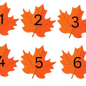 Puede incluir: Seis hojas de arce naranja con números negros del 1 al 6.