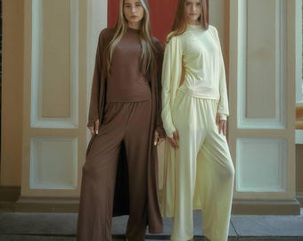 Conjunto de 3 piezas para mujer: cárdigan, pantalón y camiseta de manga larga, tejido de viscosa, para viaje, tallas S-L