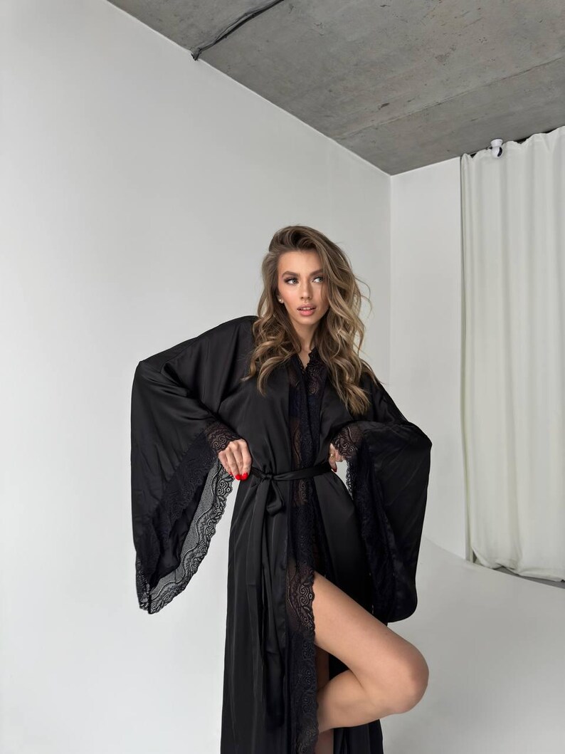 Black Silk Robe Women Long Satin Kimono Robe Lace Trim Elegant Night ...
