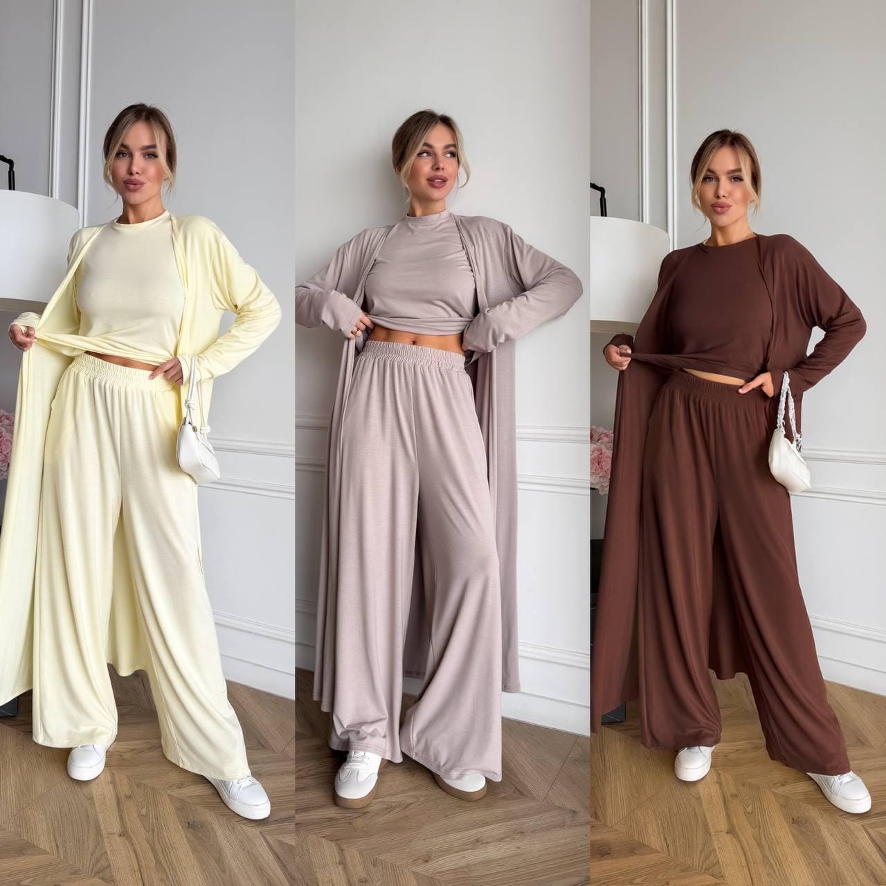 Women's 3 Piece Loungewear Set Cardigan + Pants + Long Sleeve Top Viscose Knit Outfit Casual Travel Set S-L