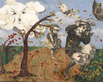 Blustery Afternoon. Original Collage Art. 9x12 framed