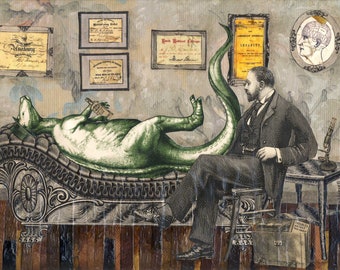 The Dubious Trachodon. Original Collage Art. 9x12 framed