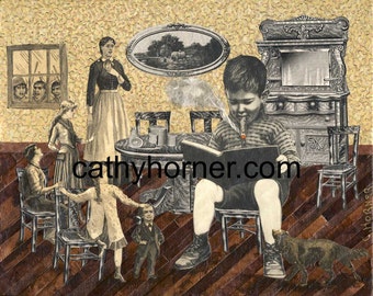 Collage Art,  Actual Vintage Images, Fine Art created by Cathy Horner "Tommy Could Read Quite Well"