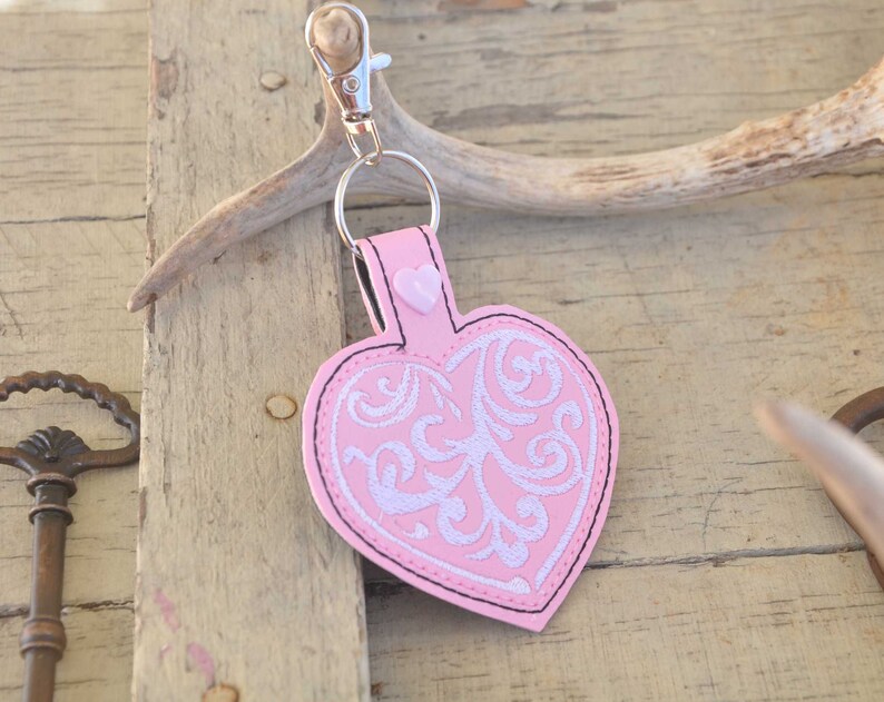 Pink White Filigree embroidered heart key fob keychain