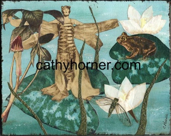 Collage Art, Actual Vintage images, Fine Art created by Cathy Horner "Pond Life"