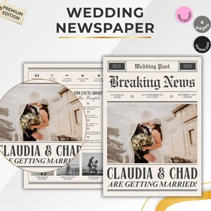 Può includere: Un design di giornale di nozze con il titolo "Breaking News" e i nomi "Claudia & Chad". Il giornale include una foto della coppia e il testo "Claudia & Chad si sposano!" Il design include anche il testo "Wedding Newspaper."