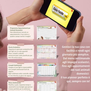 Può includere: Un'app di pianificazione digitale colorata sullo schermo di uno smartphone con il testo "Planner Casa Facile" e lo slogan "Tutto sotto controllo, sempre a portata di mano!" L'app presenta sezioni per programmare appuntamenti, gestire gli orari scolastici, pianificare i pasti e organizzare le faccende domestiche.