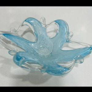 Vintage Murano Glass Starfish Bowl: Light Blue Swirl Art Glass Candy Dish
