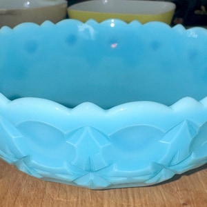 May include: A large, round, light blue glass bowl featuring a scalloped rim and a repeating pressed geometric pattern around the exterior. The bowl has a smooth, glossy finish and a wide, open top, showcasing a consistent opaque color throughout.