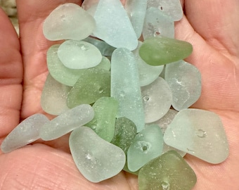 25 Center Drilled Sea Glass Beads: Mixed Blues & Greens, Jewelry Findings