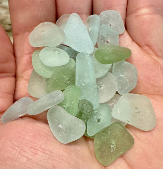 25 Center Drilled Sea Glass Beads: Mixed Blues & Greens, Jewelry Findings