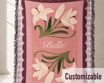 Custom Woven Blanket Floral Home Decor Personalized Gift for Mom Blanket Blue Flower Decor Pink Woven Blanket Custom Name Blanket Gift