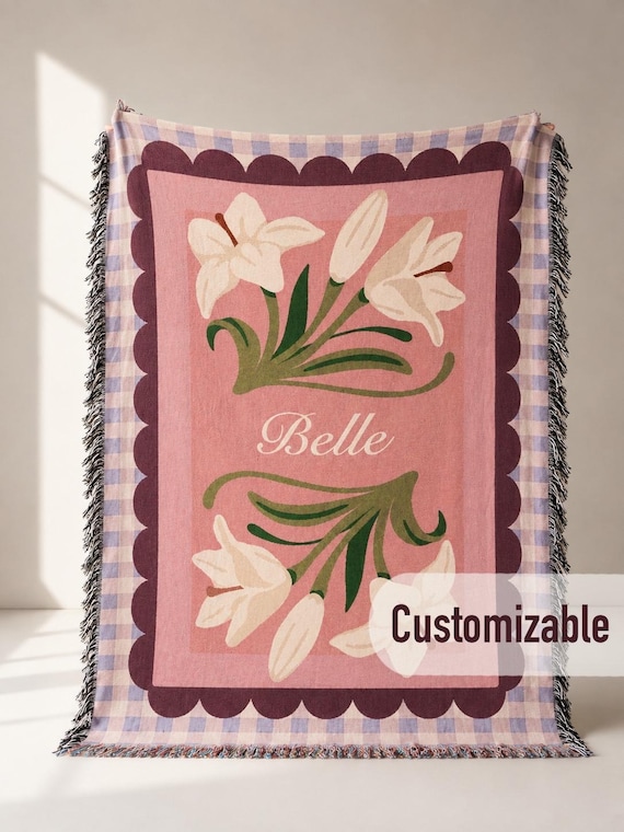 Custom Woven Blanket Floral Home Decor Personalized Gift for Mom Blanket Blue Flower Decor Pink Woven Blanket Custom Name Blanket Gift