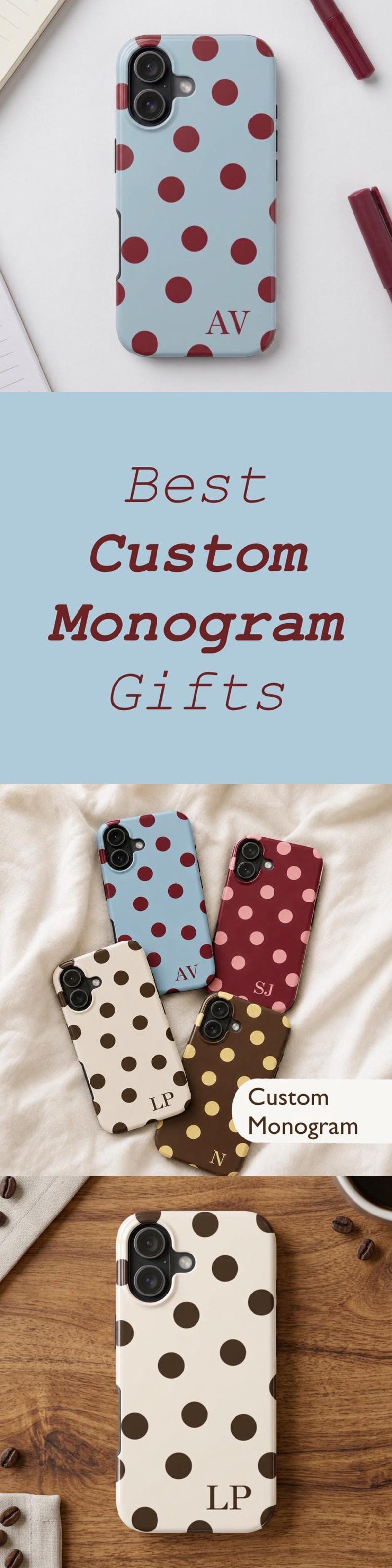 Op de afbeelding: Een collectie smartphonehoesjes met stippenpatronen in diverse kleurcombinaties, waaronder lichtblauw met bordeauxrood, bordeauxrood met lichtroze, cr&egrave;me met bruin en bruin met geel, elk gepersonaliseerd met een monogram van twee letters.
