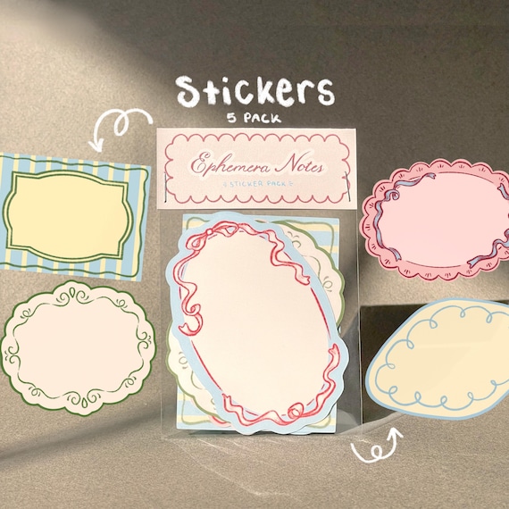 Coquette Sticker Pack of Doodle Stickers for Journal Scrapbook Supplies Pastel Stationery Scalloped Edge Stickers Junk Journal Memo Sheets