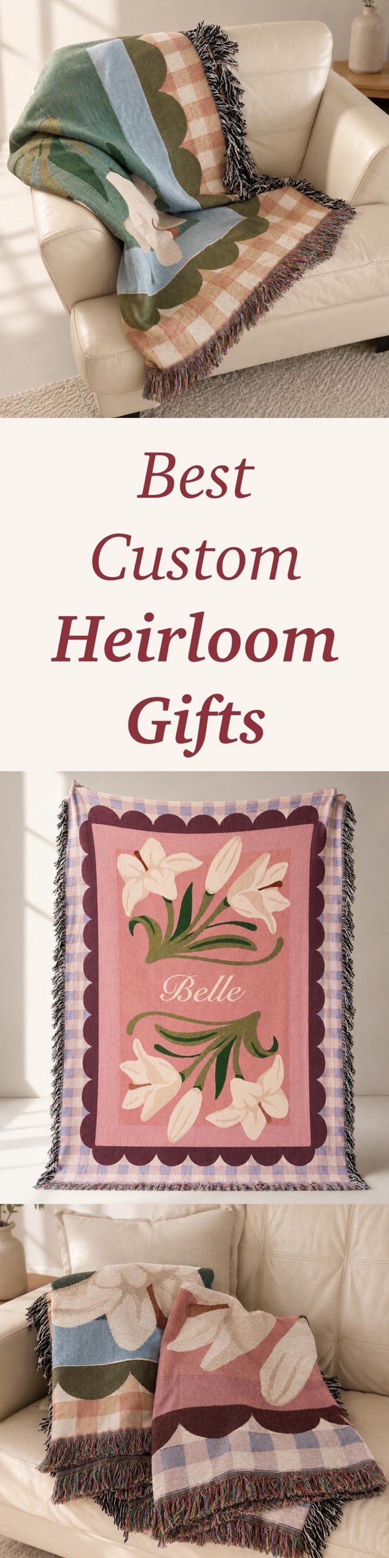 May include: A woven throw blanket featuring a pink rectangular center with white lily illustrations and the name Belle in script. The blanket has a dark scalloped border, a light purple and white gingham edge, and frayed fringe on the ends.