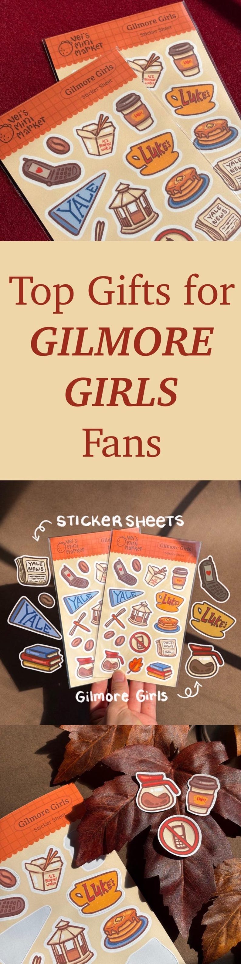 May include: Two clear plastic sticker sheets featuring illustrations related to the television show Gilmore Girls, including a flip phone, coffee cups, a Yale pennant, a gazebo, pancakes, books, and newspapers, all labeled with the text Vei's Mini Market.