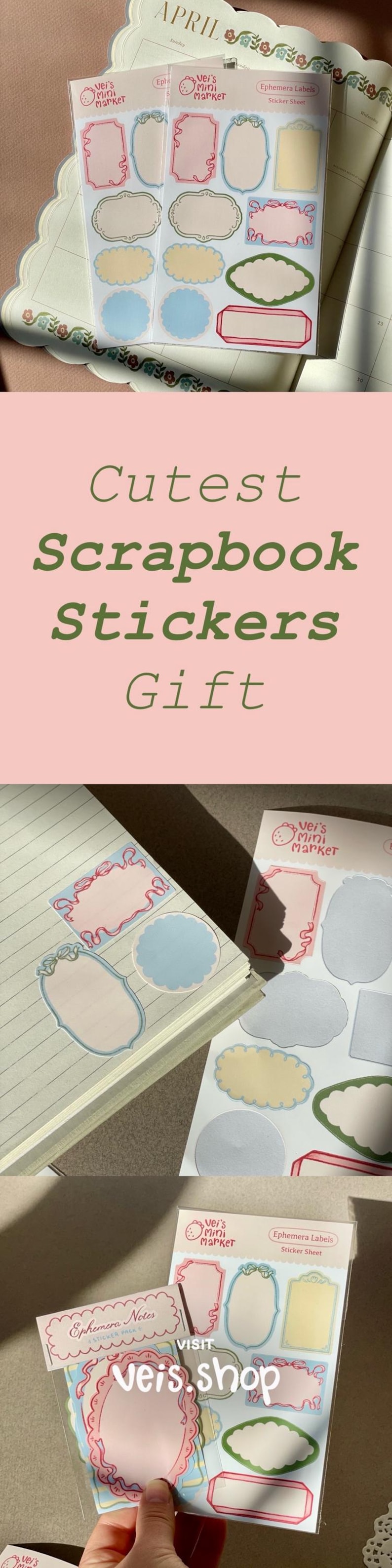 May include: A collection of scrapbook stickers with various shapes and colors, including labels and decorative frames. The stickers are in pastel colors and feature the text "Cutest Scrapbook Stickers Gift" and "Ver's Mini Market".