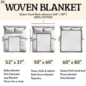 May include: A woven blanket size guide featuring three rectangular blankets with fringed edges displayed on beds. Text includes WOVEN BLANKET, 100% COTTON, and dimensions 52" x 37", 50" x 60", and 60" x 80". The graphic illustrates scale references for various uses.