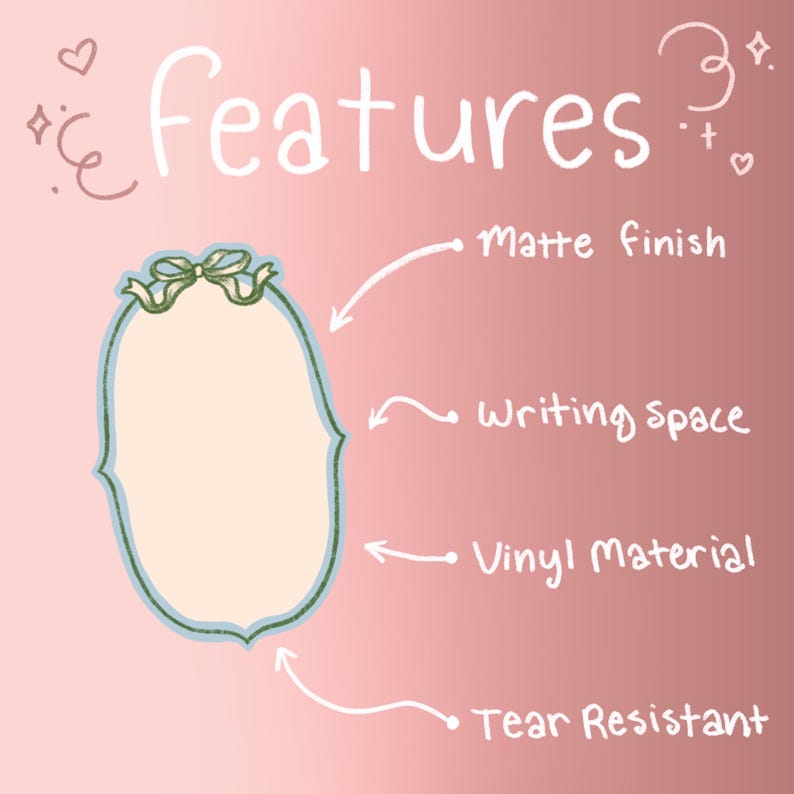 May include: A pink background with the word "Features" in white script. An ornate, light-colored frame is outlined in blue-green. Text indicates a matte finish, writing space, vinyl material, and tear resistance.