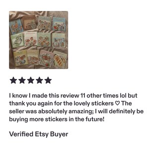 May include: A collection of twelve square sticker packs arranged in three rows, each featuring distinct illustrated themes such as food, plants, and cozy objects. The packs are displayed in a grid, showcasing various colorful sticker designs.