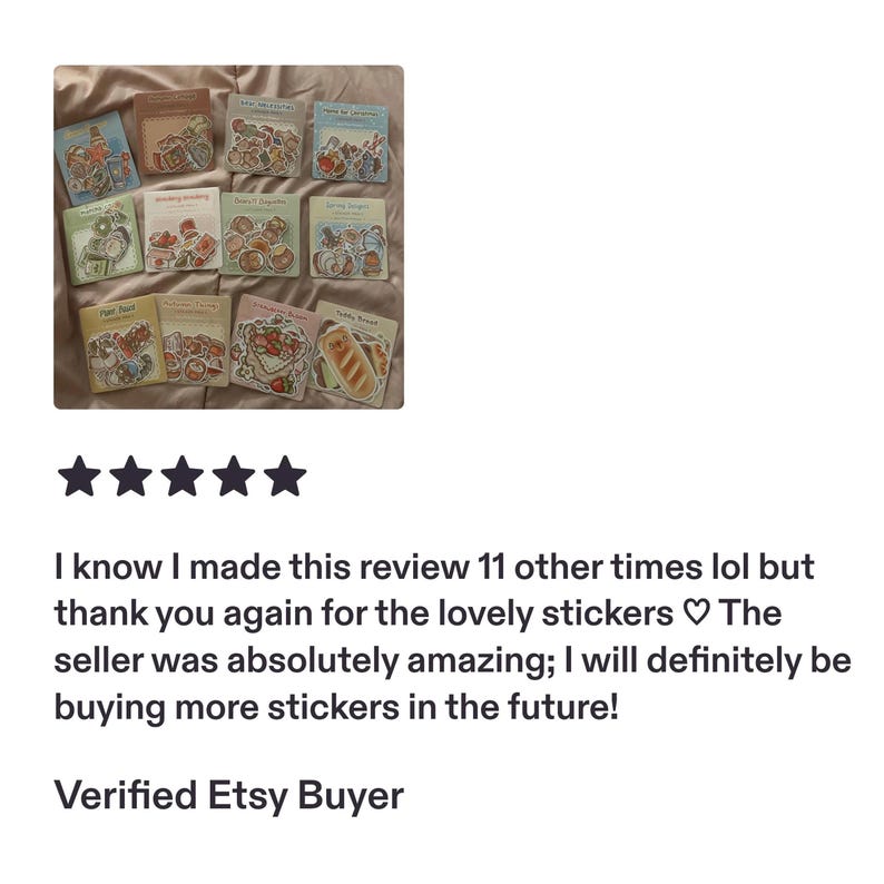 May include: A collection of twelve square sticker packs arranged in three rows, each featuring distinct illustrated themes such as food, plants, and cozy objects. The packs are displayed in a grid, showcasing various colorful sticker designs.