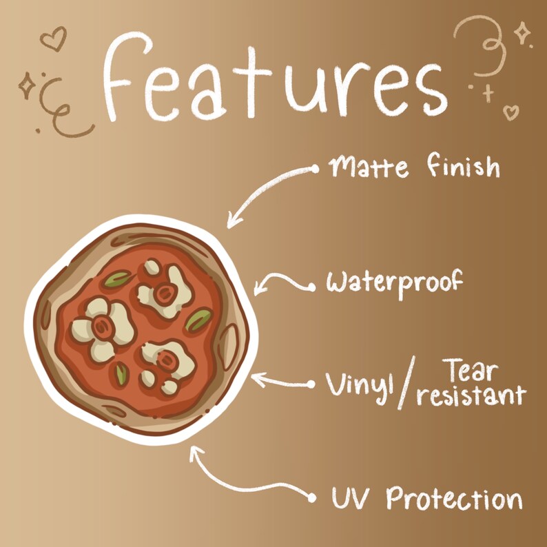Puede incluir: Una ilustraci&oacute;n de dibujos animados de una pizza con el texto "features" encima. La pizza tiene una corteza blanca y salsa roja con queso blanco y coberturas verdes. El texto debajo de la pizza enumera las caracter&iacute;sticas: Acabado mate, Impermeable, Vinilo/Resistente al desgarro, Protecci&oacute;n UV.