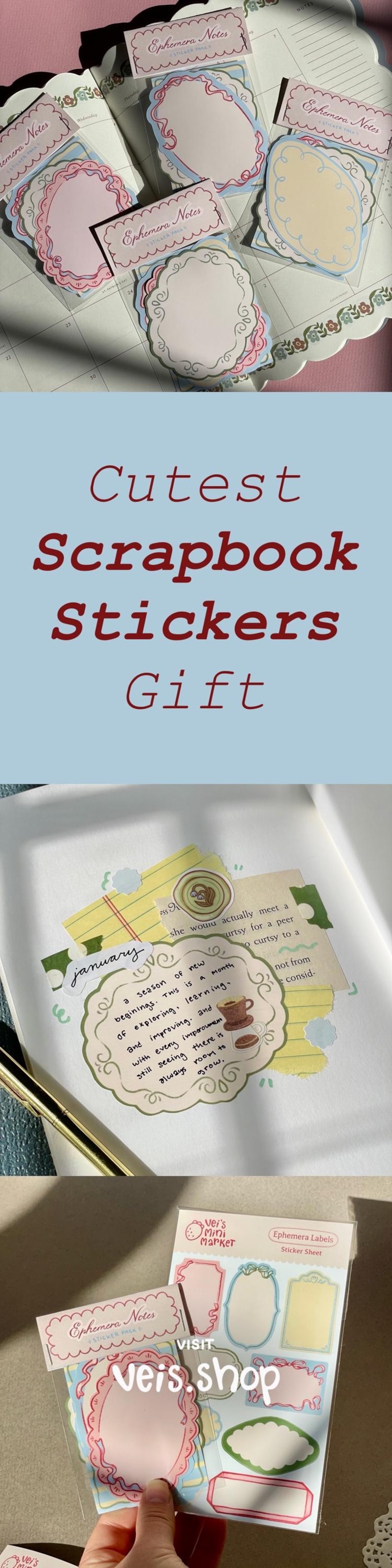 May include: A collection of scrapbook stickers with various shapes and designs, including labels and decorative frames. The stickers feature pastel colors, text, and a handwritten aesthetic, perfect for journaling and crafting.