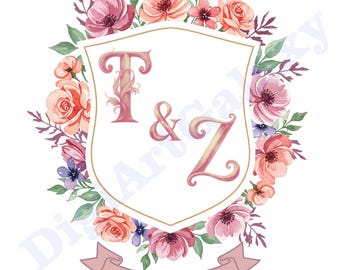 Pink Custom Wedding Crest Wedding Logo Personalized Wedding Crest Watercolor Crest Wedding Stationery Initials Monogram date green purple