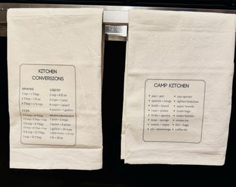 RV Camp Kitchen Towels with Conversions and Labels | Pearl or Gold Options
