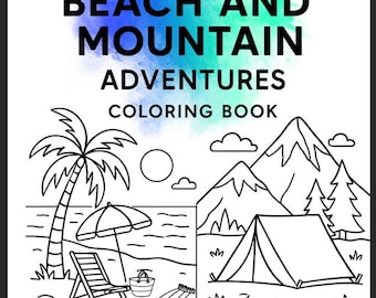 Livro de colorir de praia e montanha – Desenhos de aventura de viagem (Download digital)