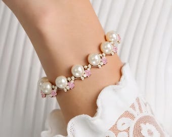 diy pearl bracelet with Pink cherry blossom gemstone, full  Bracelet diy kit package ,Bracelet gift for,  friendship and mother