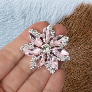 May include: A flower-shaped brooch with pink and clear crystals. The brooch features a central clear crystal surrounded by pink crystals, with clear crystals outlining the petals. A decorative accessory.