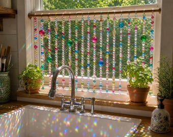 Beaded Cafe Curtain for Kitchen Sink Window, Half Window Valance, Custom Boho Rainbow Suncatcher Screen