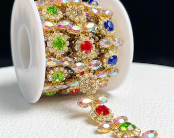 Floral Rhinestone Crystal Trim, Dress Embellishment, 1 Yard